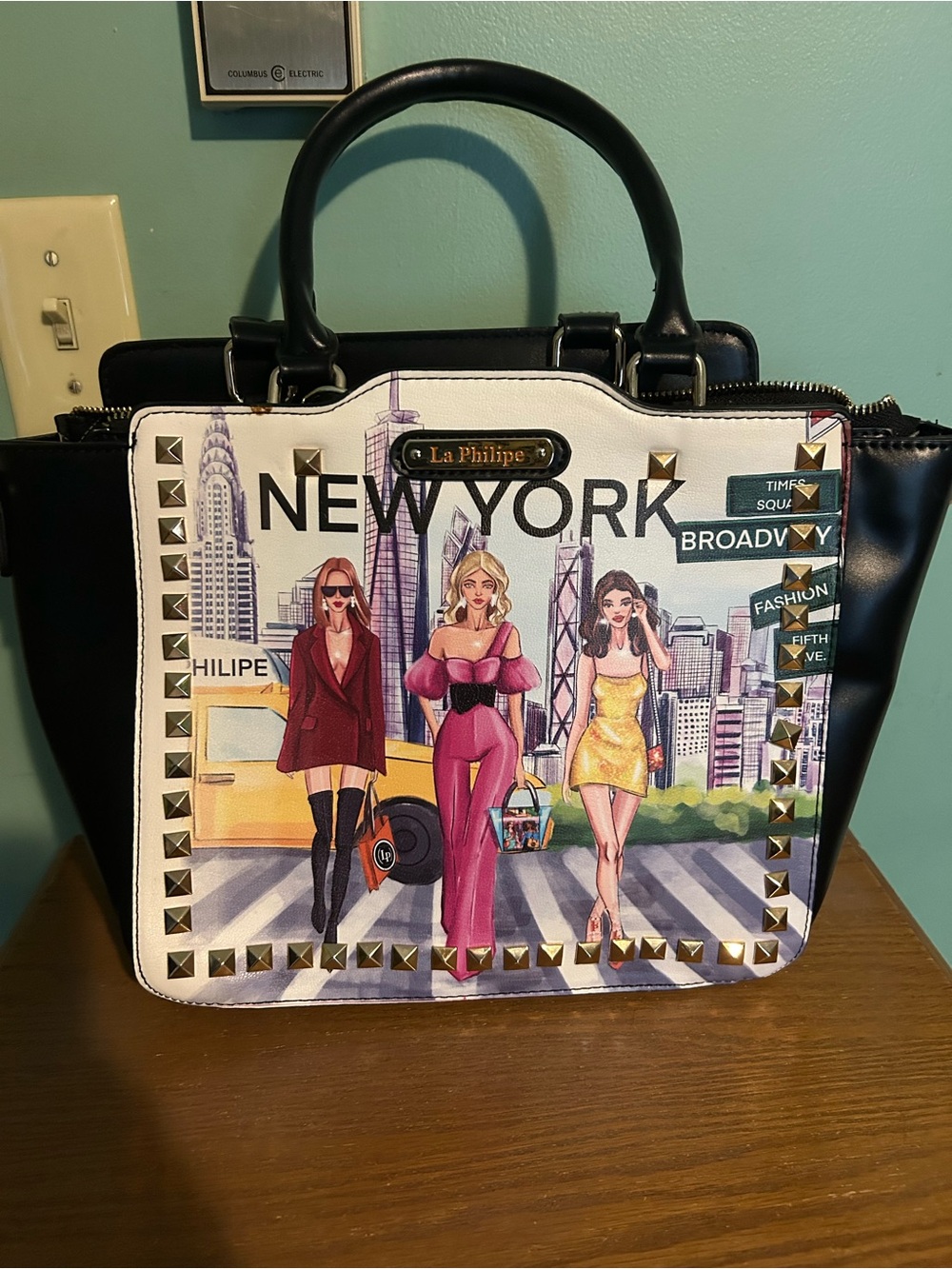 La Philippe New York Studded Fashion Tote - Black & White